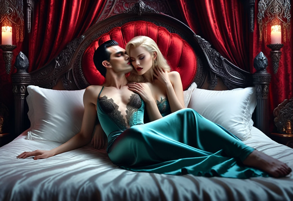 (masterpiece, 8K, UHD, RAW), A sexy blonde girl kissing a evil vampire in bed, (((a beautiful young woman riding on top of one huge horrific vampire))), (she rides the male vampire with lustful femininity), her beautiful body is covered by a sheer translucent white lace bra with Art Nouveau embroidery, big sexy perky breasts, her pristine delicate features contrasts with the horrendous menacing fangs of the corrupted male vampire, full body vibrant illustrations, intricately sculpted, realistic hyper-detailed portraits, queencore, depicts real life, the scene happens in a luxurious Art Nouveau boudoir with studio illumination, red and teal silk satin