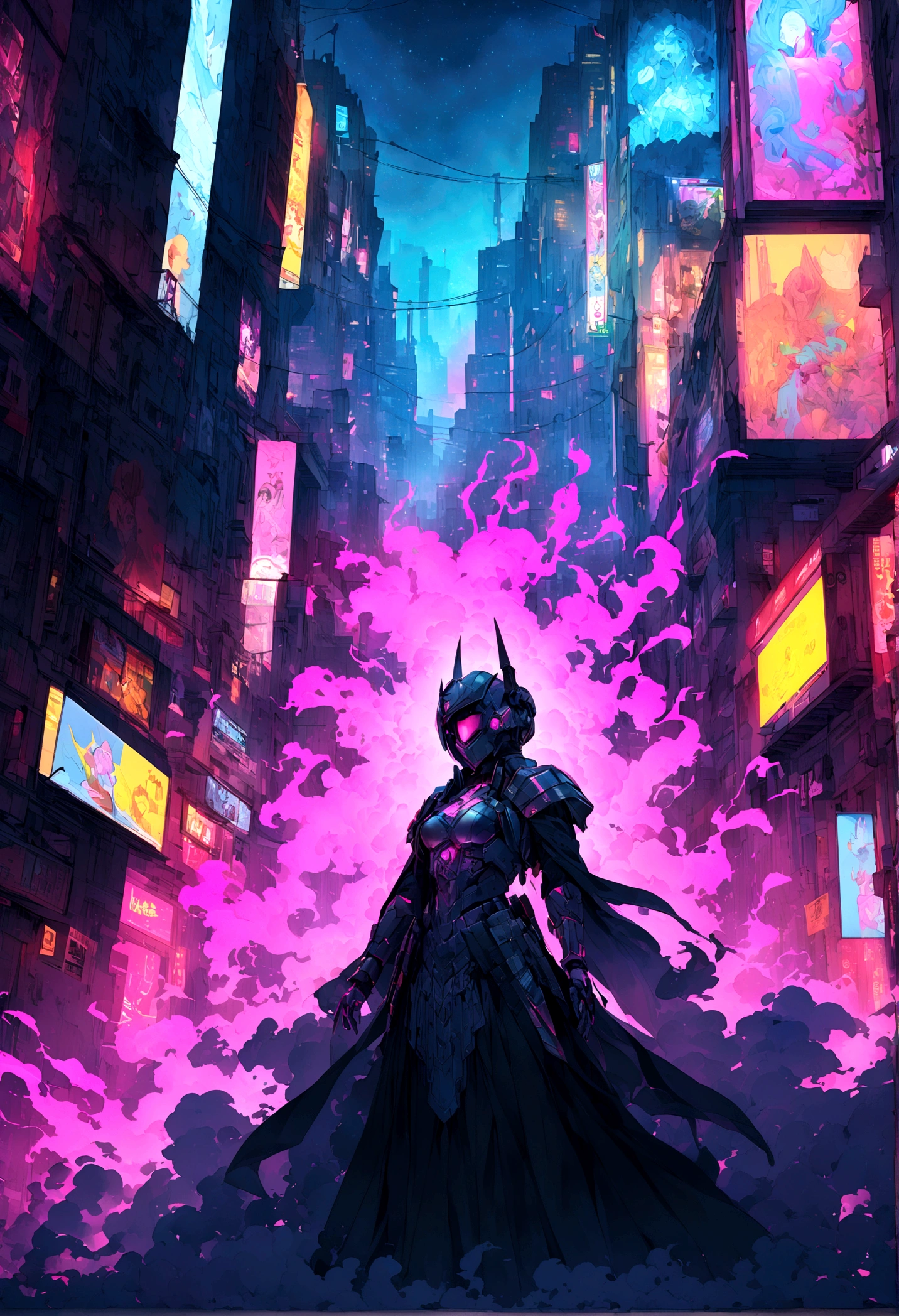 (Highly detailed 8k wallpaper), Cyberpunk's terrifying Grimm disguised as cybernetic templars、A well-drawn medium shot of a shadow wearing Marvel's colorful mist armor., Cyberpunk Theme, Complex, High detail, dramatic, Neon city lights in the background、super high quality、Ultra HD、4k、8k、aura、dust