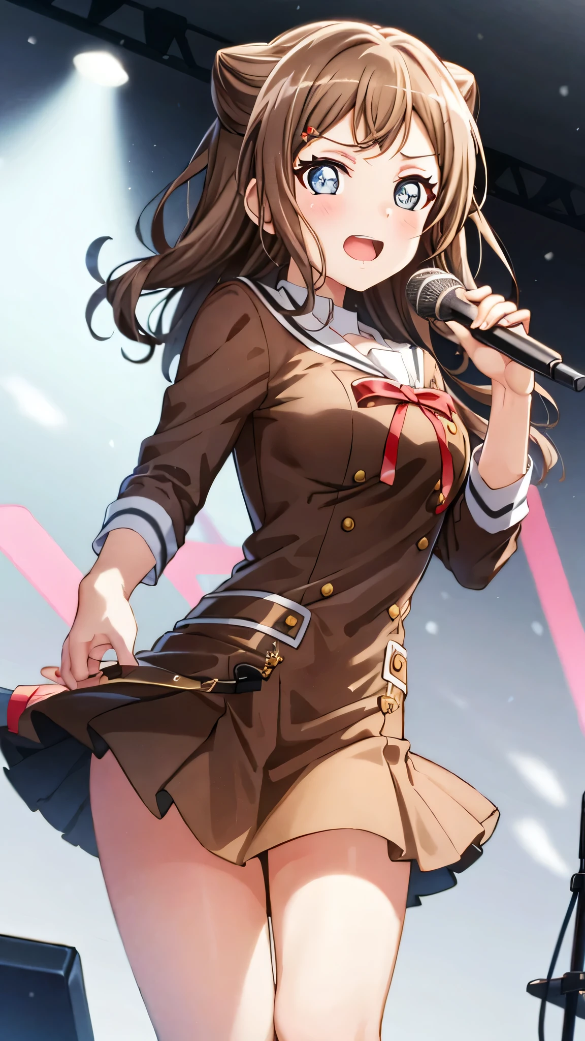 {{{masterpiece}}}, {{{best quality}}}, {{ultra-detailed}}, {illustration}, {{an extremely delicate and beautiful}}, (beautiful detailed eyes:1.6), extremely detailed face, 8k, anime face, BREAK, toyama kasumi(BanG Dream!), cute face, brown hair, cone hair bun, star hair ornament, medium breasts, thin waist, big hips, curvaceous, {school uniform}, {Hanasakigawa Girls' Academy High School Uniform(Winter clothes)}, neck ribbon, red ribbon, brown dress, white sailor collar, brown shirt, double-breasted, long sleeves, brown skirt, black socks, loafers, brown footwear, BREAK, live stage, on stage, playing the guitar, singing, performance, holding instrument, electric guitar(RANDOM STAR), red guitar, black guitar strap,  backlights, illumination