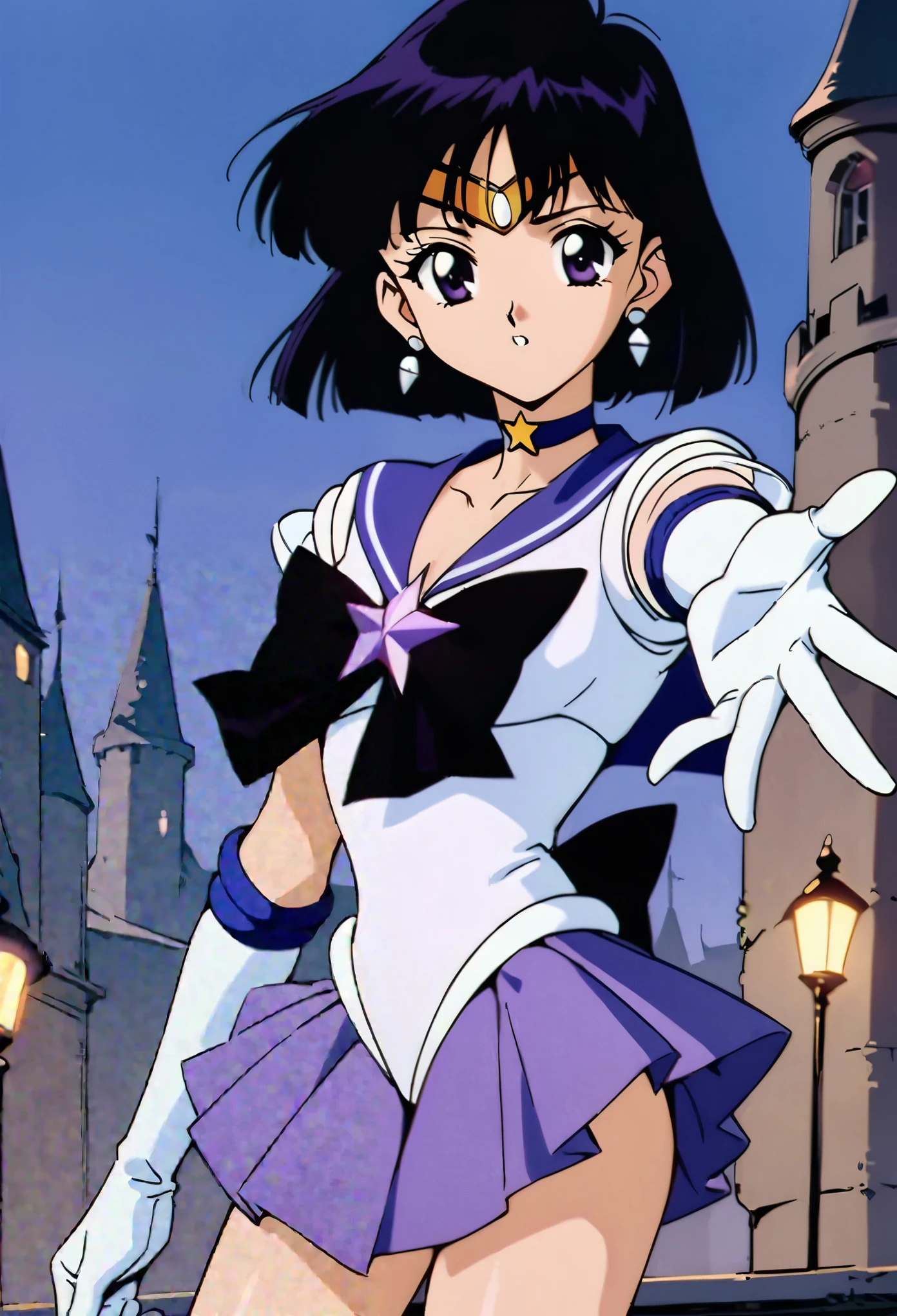 masterpiece,best quality,very aesthetic,absurdres,Sailor Saturn XL,1990s \(style\),1girl,solo,sailor senshi uniform,jewelry,skirt,choker,star choker,sailor collar,bow,brooch,star brooch,purple sailor collar,purple skirt,gloves,tiara,short hair,white gloves,earrings,elbow gloves,black hair,purple eyes,pleated skirt,castle,outdoors,night,outstretched arm,looking at viewer,