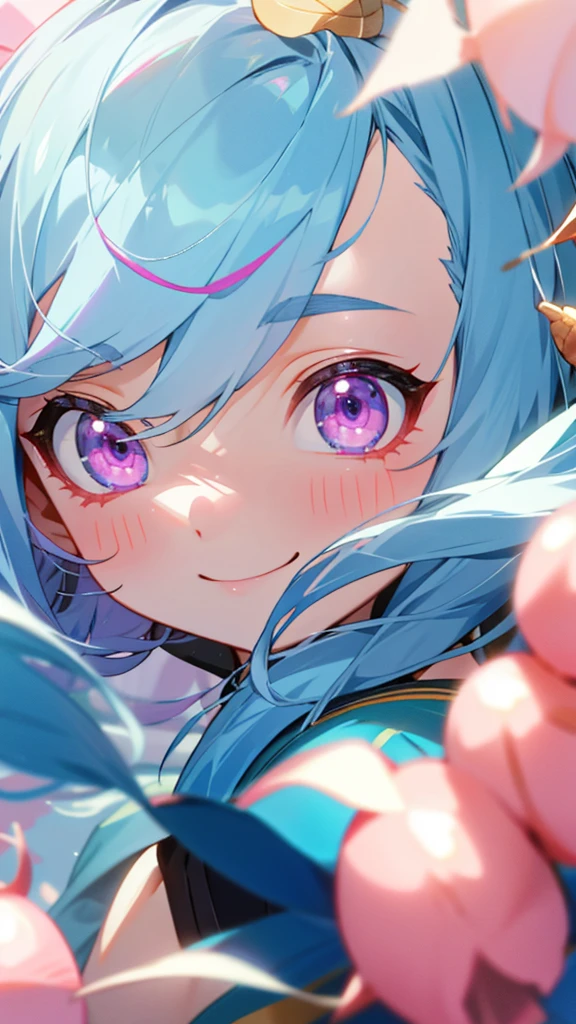 、Light blue hair、Pink Eyes、Looking at the audience、smile、Acorns in both nostrils