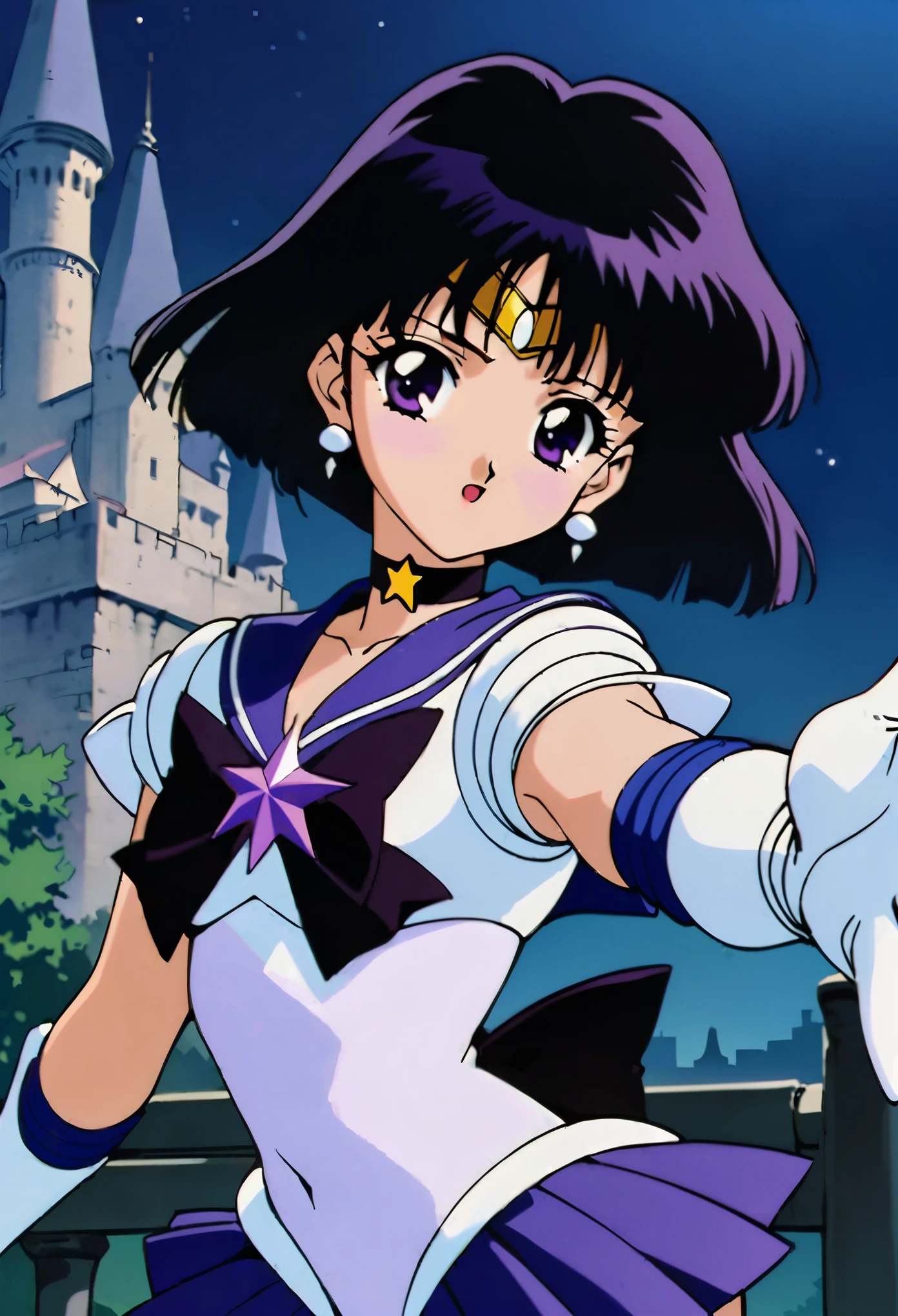 masterpiece,best quality,very aesthetic,absurdres,Sailor Saturn XL,1990s \(style\),1girl,solo,sailor senshi uniform,jewelry,skirt,choker,star choker,sailor collar,bow,brooch,star brooch,purple sailor collar,purple skirt,gloves,tiara,short hair,white gloves,earrings,elbow gloves,black hair,purple eyes,pleated skirt,castle,outdoors,night,outstretched arm,looking at viewer,