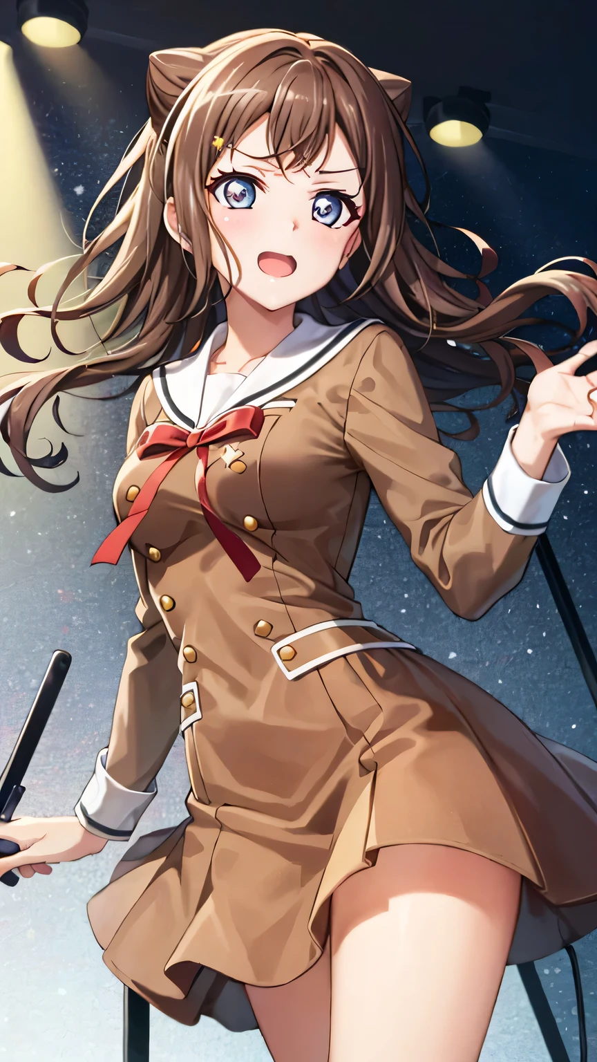 {{{masterpiece}}}, {{{best quality}}}, {{ultra-detailed}}, {illustration}, {{an extremely delicate and beautiful}}, (beautiful detailed eyes:1.6), extremely detailed face, 8k, anime face, BREAK, toyama kasumi(BanG Dream!), cute face, brown hair, cone hair bun, star hair ornament, medium breasts, thin waist, big hips, curvaceous, {school uniform}, {Hanasakigawa Girls' Academy High School Uniform(Winter clothes)}, neck ribbon, red ribbon, brown dress, white sailor collar, brown shirt, double-breasted, long sleeves, brown skirt, black socks, loafers, brown footwear, BREAK, live stage, on stage, playing the guitar, singing, performance, holding instrument, electric guitar(RANDOM STAR), red guitar, black guitar strap,  backlights, illumination