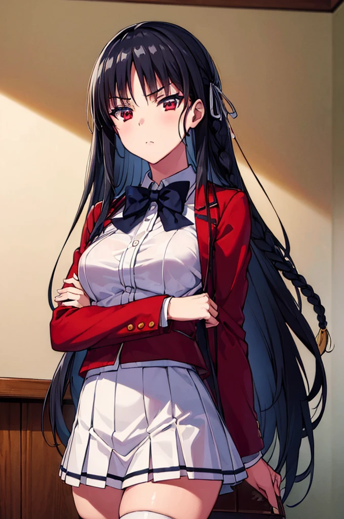 (masterpiece, best quality:1.5), (ultra detailed:1.5), super fine illustration, perfect ???????, 8k portrait, cowboy shot, crossed arms,
1girl,
Suzune Horikita,
Suzune Horikita \(youjitsu\),
long hair, braid,
black hair,
(red eyes, slant eyes, small eyes),
blue bow,
medium breasts,
red jacket, pleated white skirt, black thigh-high socks,
looking at viewer,
perfect light, background of indoors,