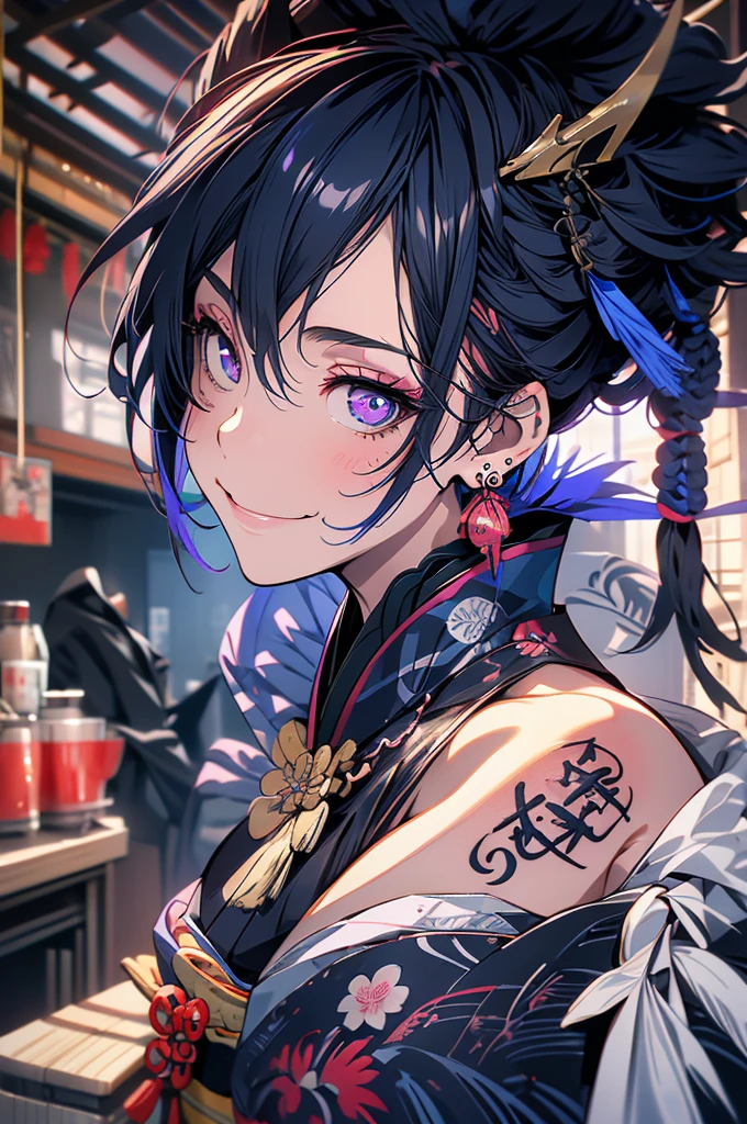(full body)1 man, very tall, muscular, navy blue hair in a mohawk, pink eyes, several Japanese tattoos, (Clothes: navy blue kimono, big earrings), in a medieval Japanese kitchen, slutty smile, rape face, eyes shining in excitement, the night, cooking