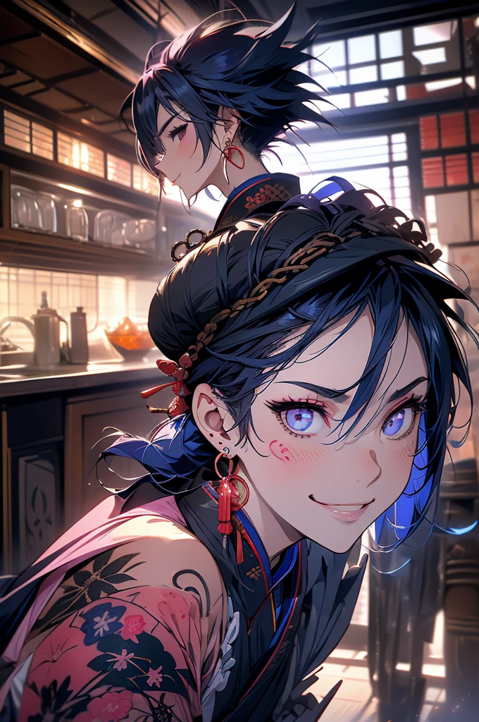 (full body)1 man, very tall, muscular, navy blue hair in a mohawk, pink eyes, several Japanese tattoos, (Clothes: navy blue kimono, big earrings), in a medieval Japanese kitchen, slutty smile, rape face, eyes shining in excitement, the night, cooking