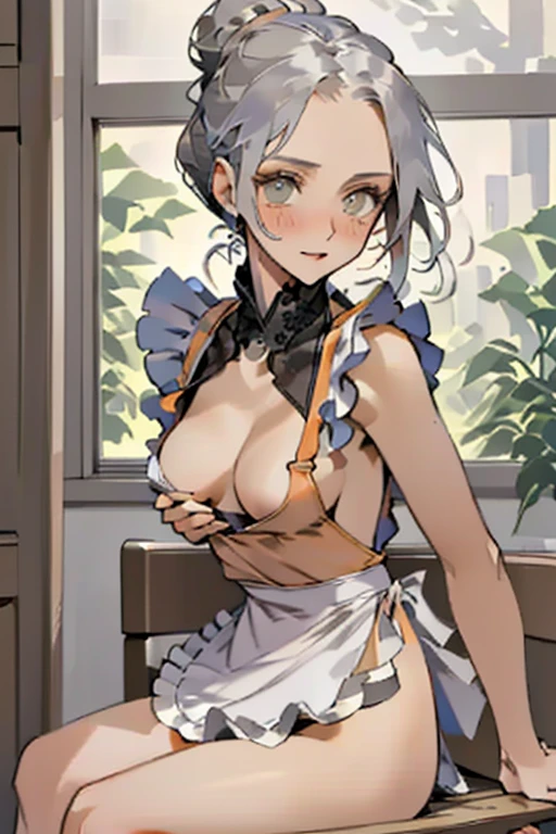 (A masterpiece of image quality in 8K),(from below:1.2),(Beautiful Allafed Woman),(((emphasizing breasts:1.0))),(Dynamic angles),(Dynamic and sexy bending pose:1.3),(sit a chair:1.3),(Short hair in shiny silver and orange inner colors,(perky chest:1.1), (pointed chest:1.3),small full breasts,Disturbance of clothing due to movement,breast slip,(Ponytail twisted buns adorned with elaborate braids and beads,Braided Setup Fishbone Hair,),(see-through bangs),small breasts、(((A white lace apron that shows your bare skin from under your small breasts)))、Blush with embarrassment、Enraptured eyes、A smile that beguiles the viewer、(Look back:1.2)、Look into the photographer,skin glistening with sweat,gazing at viewer,,(Professional Lighting),(8K,masutepiece,top-quality,Ultra-high resolution output image,),(Ultra HD with complex detail image modes),depth of fields,Beautiful hands,Beautiful fingers,Detailed finger features,(Detailed hair features:1.7),detailed facial features,detailed clothes features,