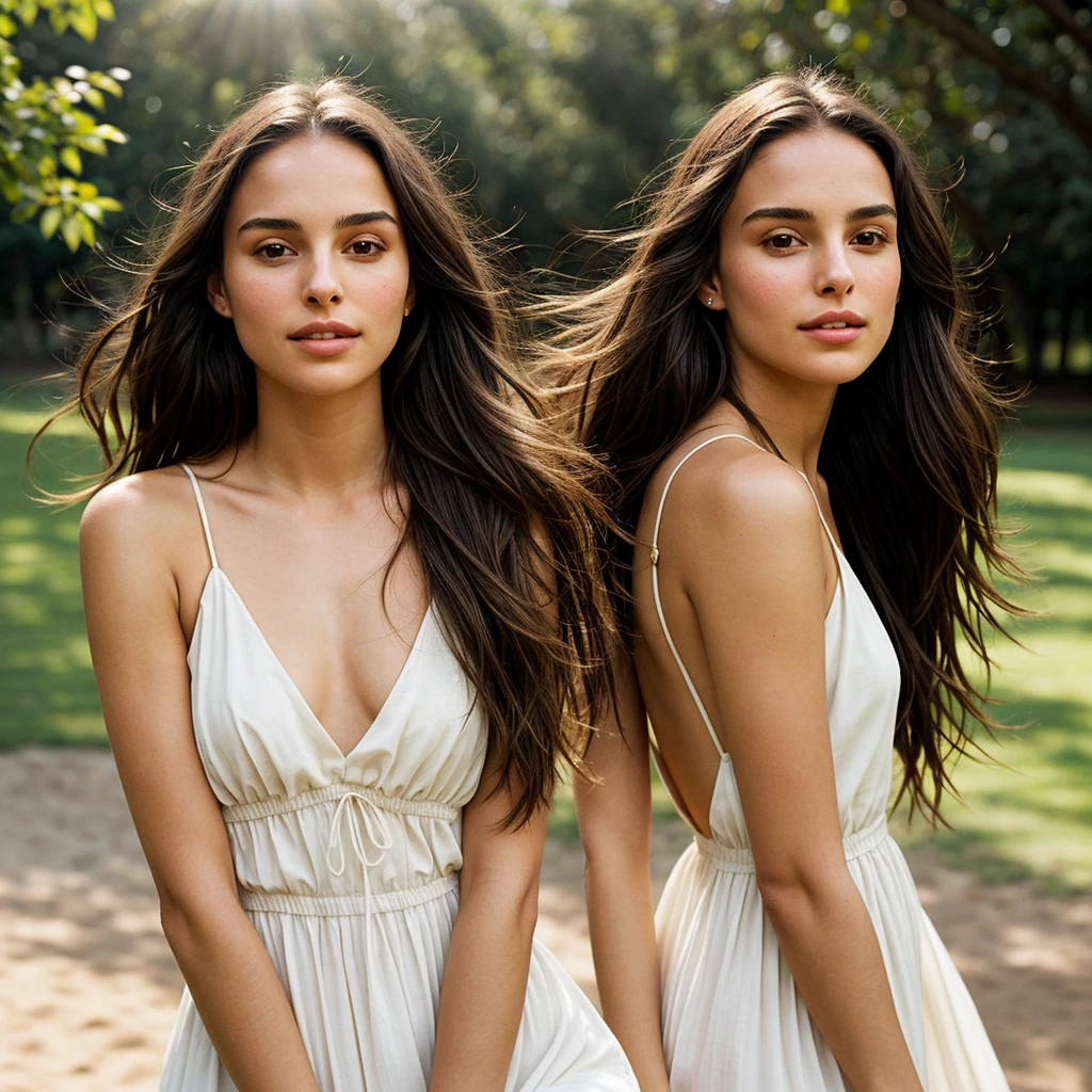 A photorealistic portrait of a 21-year-old colombian girl with long, flowing dark hair and striking dark eyes like Nathalie Portman. She should have a natural, approachable expression and be illuminated by soft, golden-hour sunlight. The background should be a scenic outdoor setting, perhaps a sunlit park or beach. Capture this image with a high-resolution photograph using an 85mm lens for a flattering perspective.