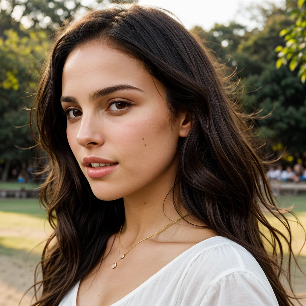 A photorealistic portrait of a 21-year-old colombian girl with long, flowing dark hair and striking dark eyes like Nathalie Portman. She should have a natural, approachable expression and be illuminated by soft, golden-hour sunlight. The background should be a scenic outdoor setting, perhaps a sunlit park or beach. Capture this image with a high-resolution photograph using an 85mm lens for a flattering perspective.