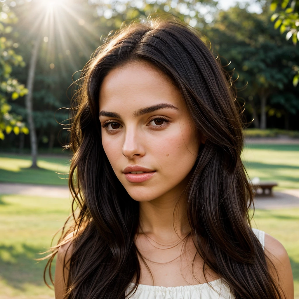 A photorealistic portrait of a 21-year-old colombian girl with long, flowing dark hair and striking dark eyes like Nathalie Portman. She should have a natural, approachable expression and be illuminated by soft, golden-hour sunlight. The background should be a scenic outdoor setting, perhaps a sunlit park or beach. Capture this image with a high-resolution photograph using an 85mm lens for a flattering perspective.