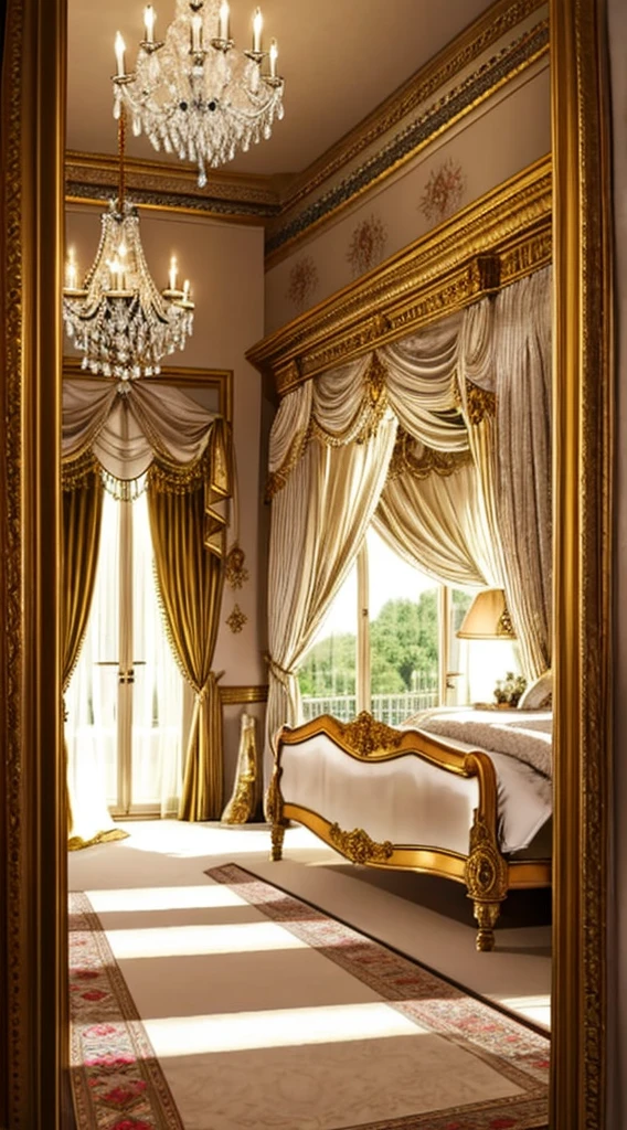 Photography, bedroom, Princess Bed, mirror,Curtains, hanging lamp, decorations, carpets, fireplace,white,Versailles