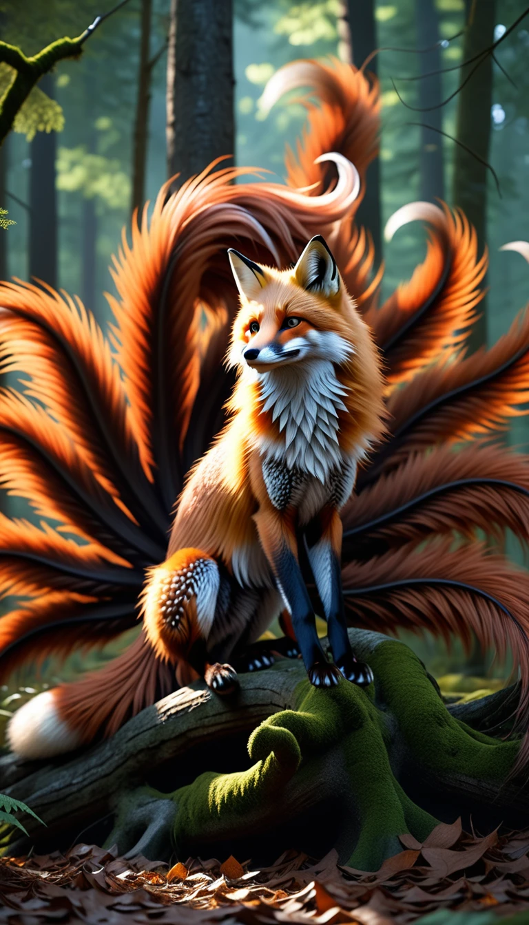 Panorama,A wild beast in the forest,Looks like a fox with nine tails on its back,Mysterious Creatures, shrike, (best quality,4K,8K,High level,masterpiece:1.2),Ultra Detailed,(lifelike,Photo real,Photo real:1.37),Highly detailed animals,Complex patterns,Realistic lighting,Fantasy Creatures