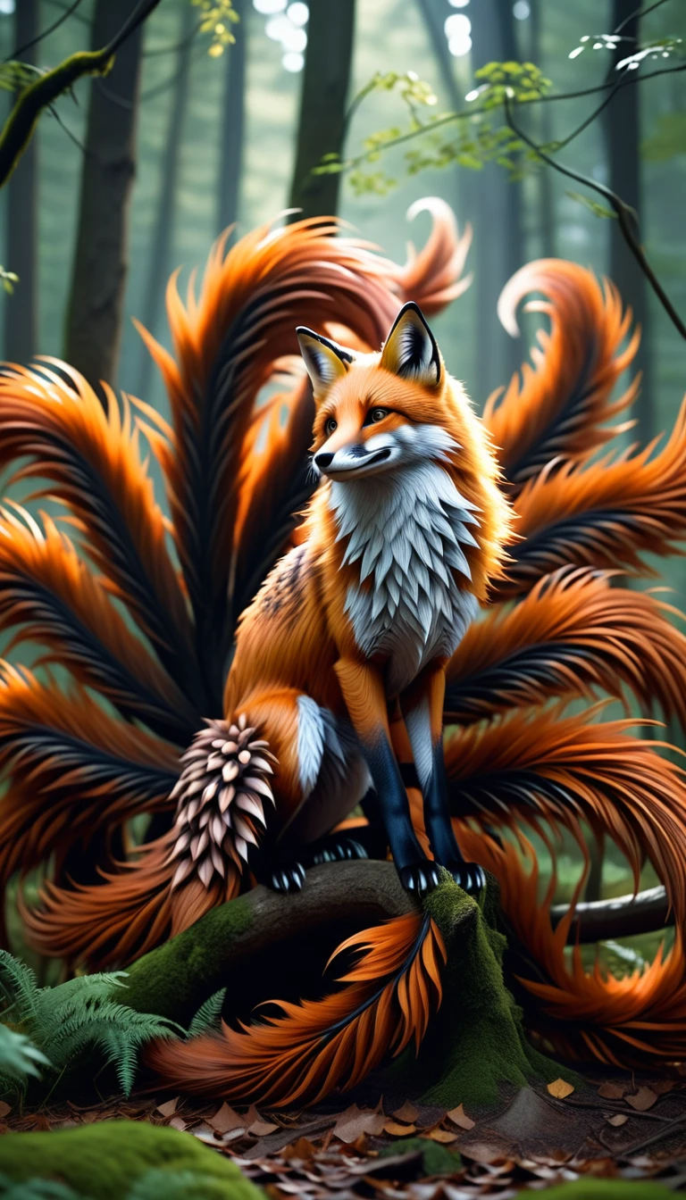 Panorama,A wild beast in the forest,Looks like a fox with nine tails on its back,Mysterious Creatures, shrike, (best quality,4K,8K,High level,masterpiece:1.2),Ultra Detailed,(lifelike,Photo real,Photo real:1.37),Highly detailed animals,Complex patterns,Realistic lighting,Fantasy Creatures