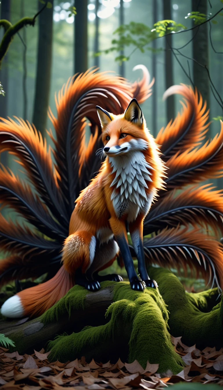 Panorama,A wild beast in the forest,Looks like a fox with nine tails on its back,Mysterious Creatures, shrike, (best quality,4K,8K,High level,masterpiece:1.2),Ultra Detailed,(lifelike,Photo real,Photo real:1.37),Highly detailed animals,Complex patterns,Realistic lighting,Fantasy Creatures