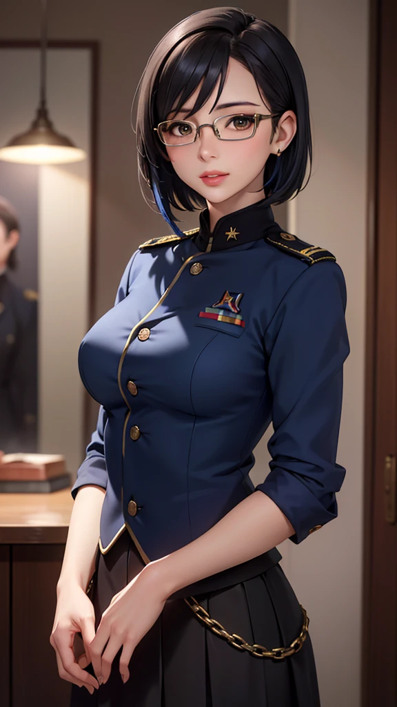 Beautiful young girl with blue short hair, A light smile, Brown eyes, hair clips, lips, Stud earrings, Semi-rimless eyewear, , Big butt but small breasts, (Highest quality,4K,8K,High resolution,masterpiece:1.2),Very detailed,(Realistic,photoRealistic,photo-Realistic:1.37),Very detailed顔, Very detailed目と顔, Long eyelashes, Beautiful attention to detail, beautiful detailed lips, Concept Art, Cinema Lighting, Vibrant colors, a beautiful girl in military uniform,short wavy hair,glasses,busty,detailed face,beautiful eyes,beautiful lips,highly detailed,photorealistic,8K,masterpiece,studio lighting,dynamic pose,intricate details,dramatic lighting,cinematic atmosphere,vibrant colors,elegant,powerful,confident((Women's military uniform、Formal wear、skirt))