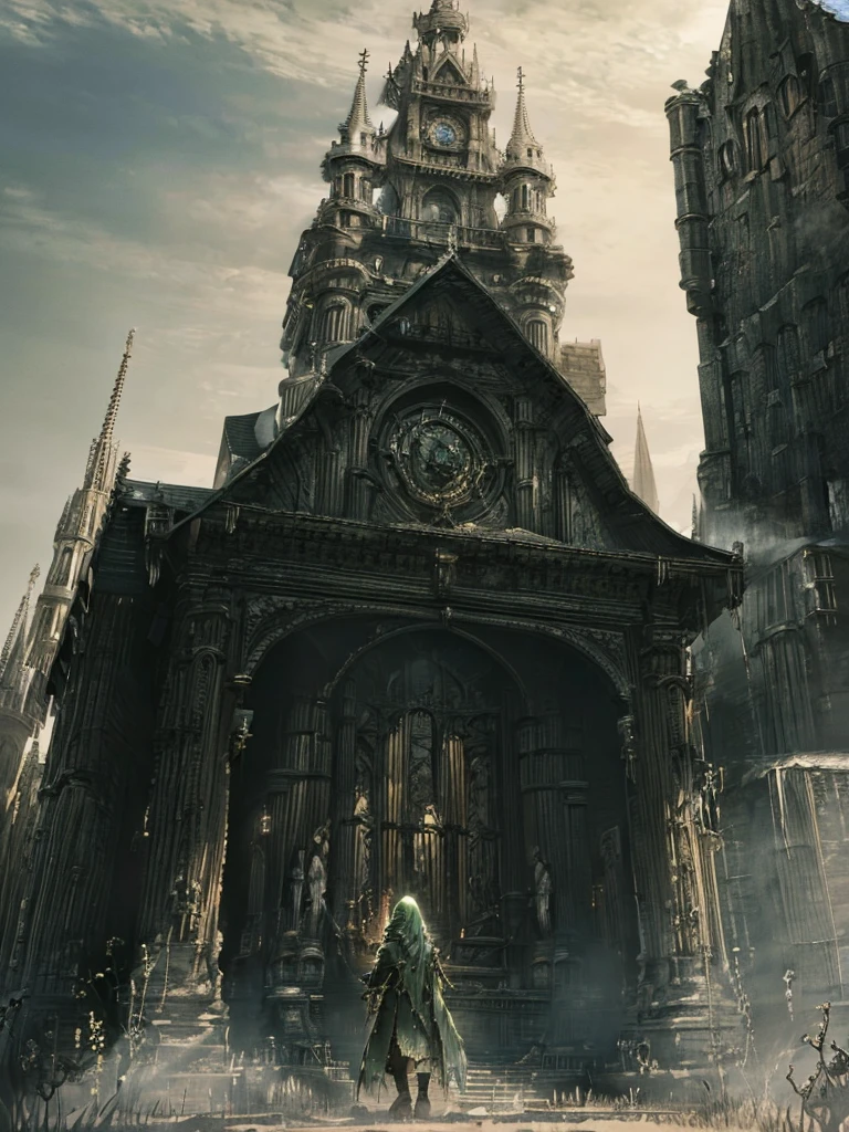 (masterpiece、top-quality、hight resolution、Unity 8k Wallpaper、extremely details CG:1), Full body portrait of the character "Pilgrimage in Green Clothing" from "Dark Souls 2." She wears a long green hooded robe with intricate gold patterns. She has a blank, mechanical expression, indicating that she has endured numerous years. The image is taken from an angle that shows her face at a slight angle from the front, with a small leather pouch hanging from her belt. The background is a desolate wilderness with a few shacks and should be set during sunset.