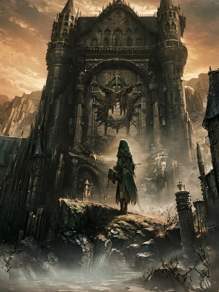(masterpiece、top-quality、hight resolution、Unity 8k Wallpaper、extremely details CG:1), Full body portrait of the character "Pilgrimage in Green Clothing" from "Dark Souls 2." She wears a long green hooded robe with intricate gold patterns. She has a blank, mechanical expression, indicating that she has endured numerous years. The image is taken from an angle that shows her face at a slight angle from the front, with a small leather pouch hanging from her belt. The background is a desolate wilderness with a few shacks and should be set during sunset.