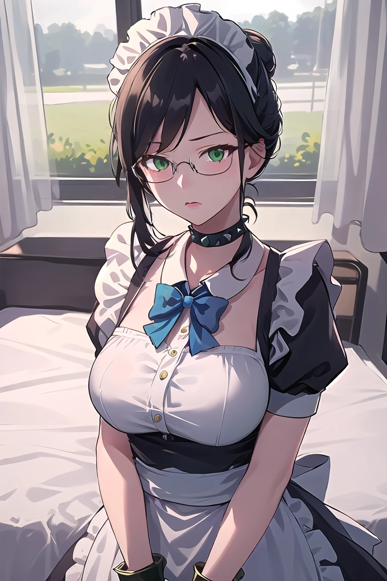 highres, sharp focus, pixiv masterpiece, ((intricate details)), highly detailed, upper body, , yuri alpha, 1girl, black hair, (blue bowtie:1.3), (green wristband, green gauntlets, spikes:1.1), glasses, maid, single hair bun, dress, choker, maid apron, outdoors, grey eyes, big breasts, room, bed, 
