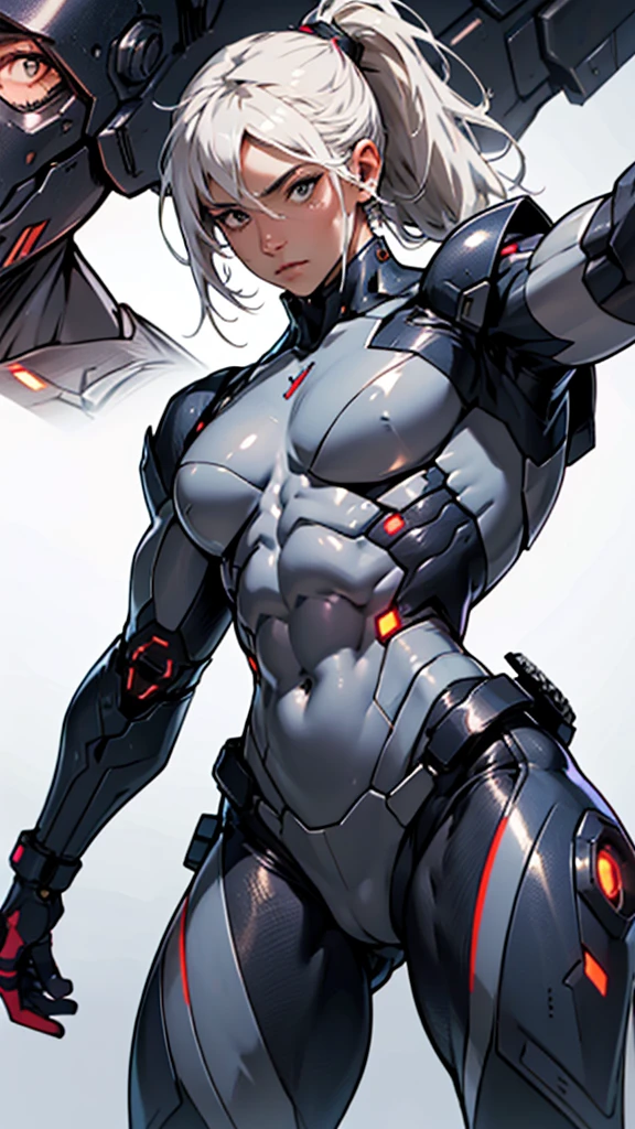 Beautiful cybernetic girl detailed muscles realistic masterpieces full figure pose (best quality,ultra-detailed), white hair in ponytail, fair skin, fit body, slim figure, narrow waist, black carbon fiber cybernetic mobile combat suit, several different facial expressions