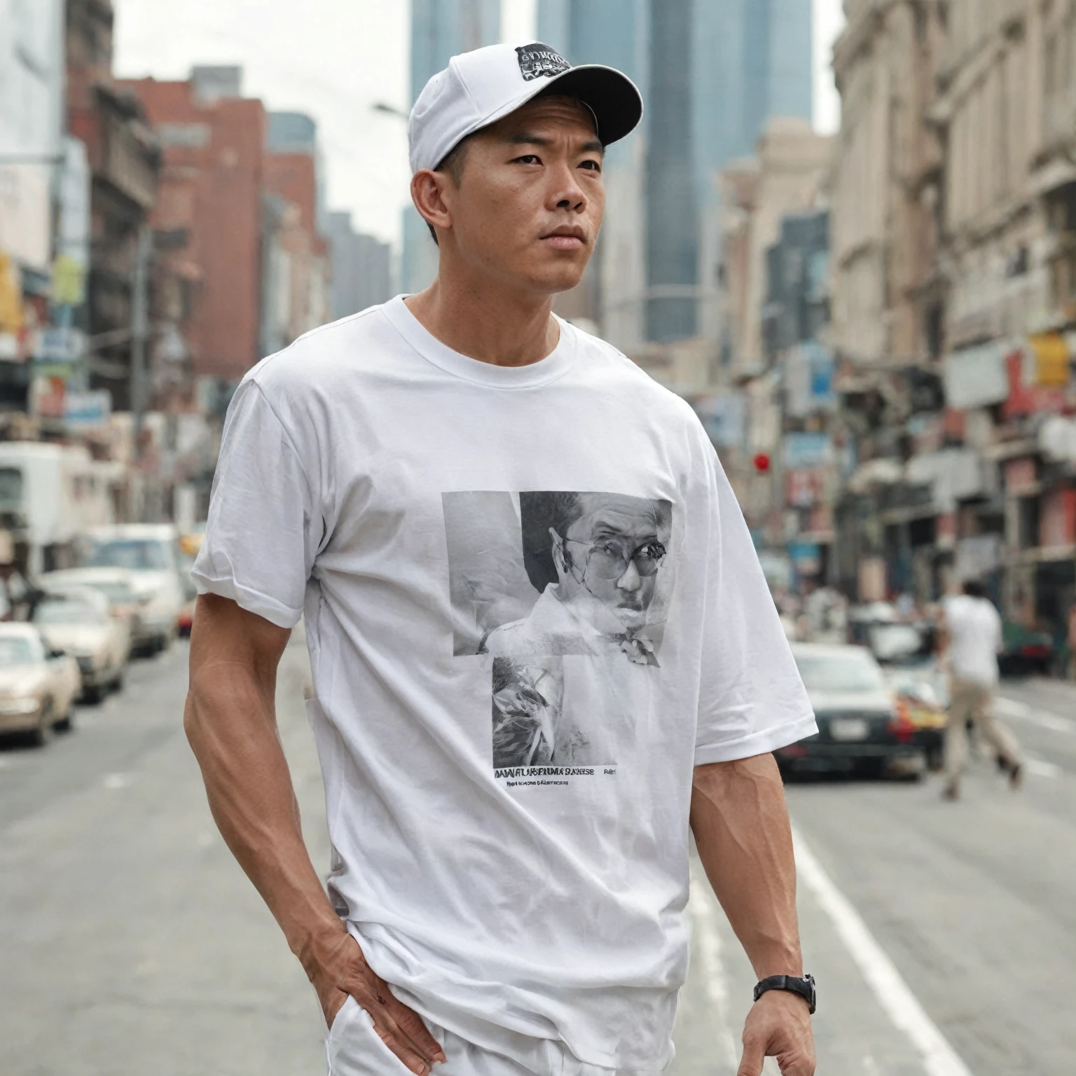 Imagine the following scene: Photograph of a handsome asian man. beautyful eyes,walking runway, facing. full fitnesss body shot.wearing white oversize t-shirt. (wearing white oversize t-shirt, loose tops, long oversize pants, basball hat, sniker) beautyful background. The man is from Vietnam, 30 years old, short hair. Very light and bright black eyes, charming eyes, tanned, Full body. smile, dynamic pose, professional model pose. (photorealistic), masterpiece: 1.5, beautiful lighting, best quality, beautiful lighting, realistic and natural image, intricate details, all in sharp focus, perfect focus, photography, masterpiece, meticulous nuances, supreme resolution, 32K, ultra-sharp, Superior Quality, realistic and complex details, perfect proportions, perfect hands, perfect feet. Full body.wearing white oversize t-shirt.