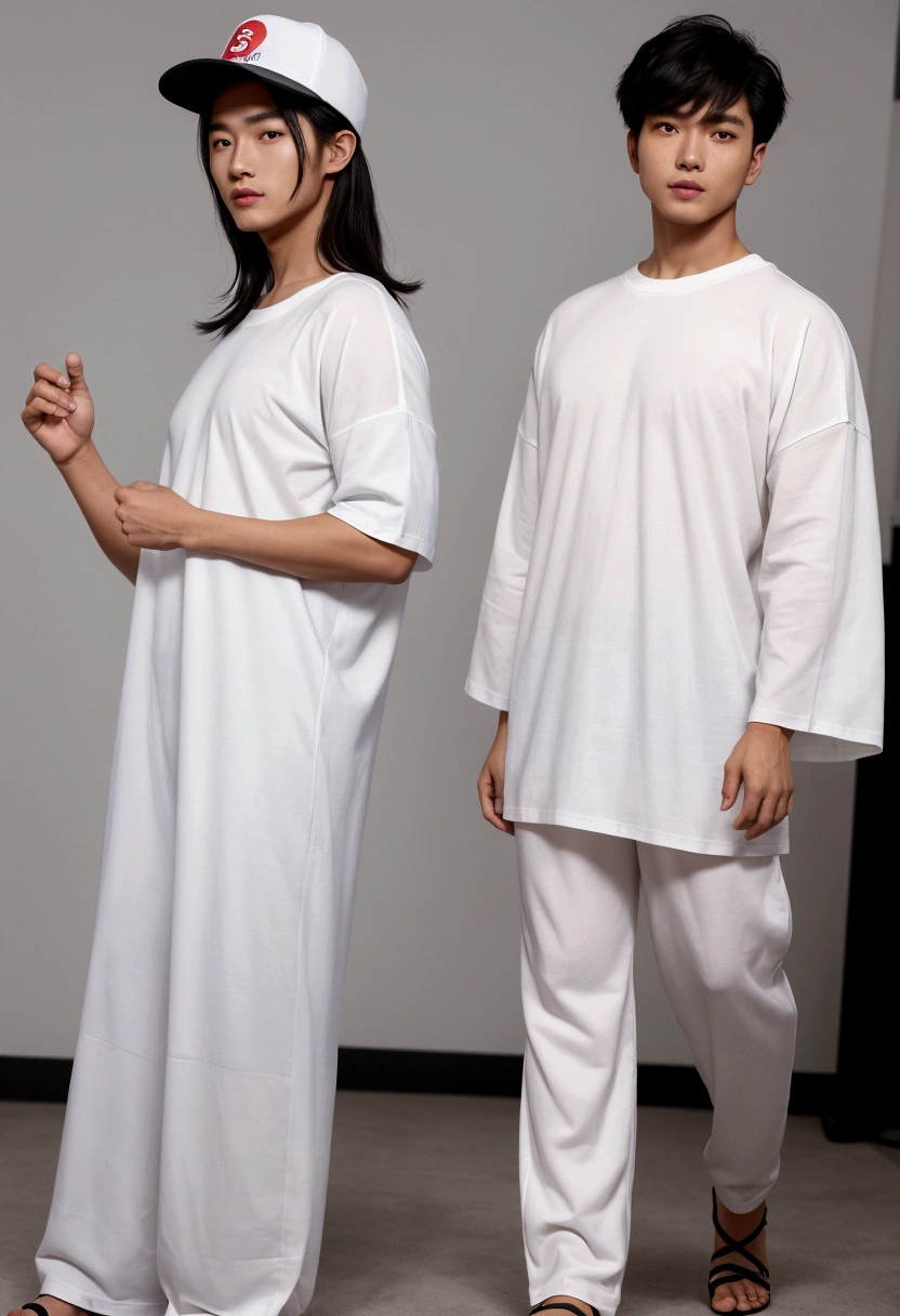 Imagine the following scene: Photograph of a handsome asian man. beautyful eyes,walking runway, facing. full fitnesss body shot.wearing white oversize t-shirt. (wearing white oversize t-shirt, loose tops, long oversize pants, basball hat, sniker) beautyful background. The man is from Vietnam, 30 years old, short hair. Very light and bright black eyes, charming eyes, tanned, Full body. smile, dynamic pose, professional model pose. (photorealistic), masterpiece: 1.5, beautiful lighting, best quality, beautiful lighting, realistic and natural image, intricate details, all in sharp focus, perfect focus, photography, masterpiece, meticulous nuances, supreme resolution, 32K, ultra-sharp, Superior Quality, realistic and complex details, perfect proportions, perfect hands, perfect feet. Full body.wearing white oversize t-shirt.