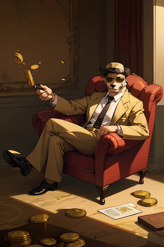 Wear sunglasses、An old Dalmatian dog with a cigar and a mafia boss sitting in an armchair、Gold coins falling from the sk, Vintage Sepia Photography