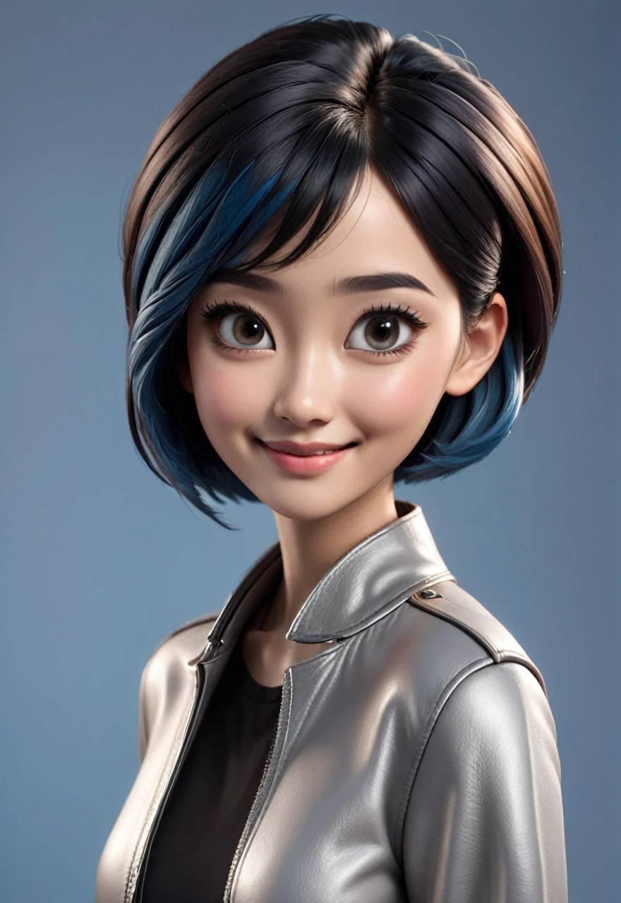 Create cartoonish caricature 3D animation with a big head. a 19 year old Indonesian woman. She has short, black pixie-cut hair. Her face is oval-shaped with smooth lines, thick and neat black eyebrows, normal  eyes, a small pointed nose, and thin lips with a wide, friendly smile. She is wearing a light grey leather jacket over a white t-shirt. Gradient blue background with professional lighting. masterpiece, top quality, skin and face very detailed, ultra-realistic, high definition, studio lighting, sharp focus, body angle 2/3, Concept Art, 3D render.