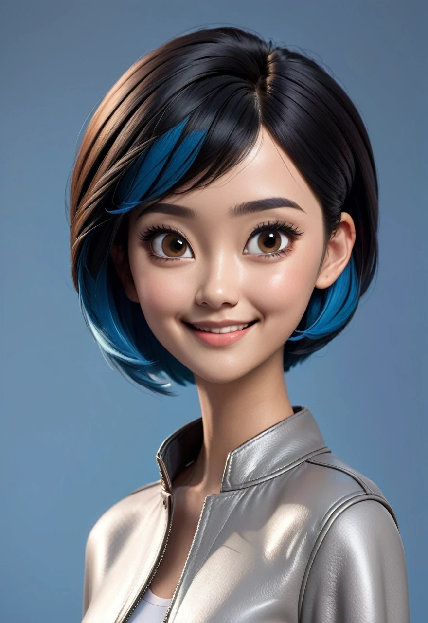 Create cartoonish caricature 3D animation with a big head. a 19 year old Indonesian woman. She has short, black pixie-cut hair. Her face is oval-shaped with smooth lines, thick and neat black eyebrows, normal  eyes, a small pointed nose, and thin lips with a wide, friendly smile. She is wearing a light grey leather jacket over a white t-shirt. Gradient blue background with professional lighting. masterpiece, top quality, skin and face very detailed, ultra-realistic, high definition, studio lighting, sharp focus, body angle 2/3, Concept Art, 3D render.
