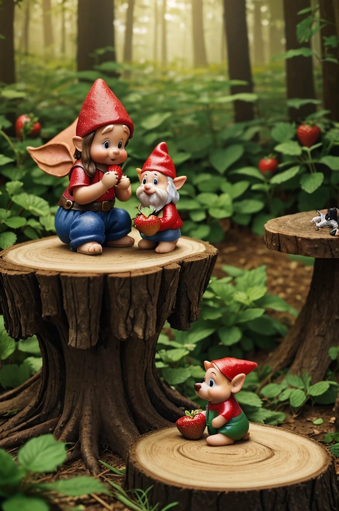 A puppy sniffs strawberries in a fairy forest. A small gnome sits on a stump nearby and watches the puppy.