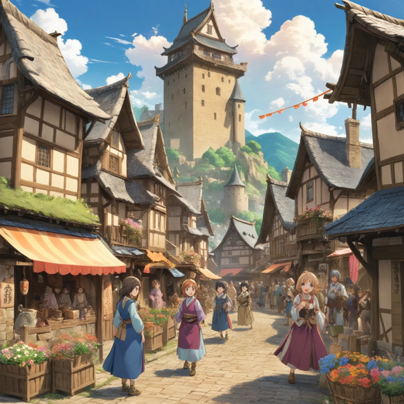 Animation - street style scene with castle in the background, A bustling magical city, medeival fantasy village, medieval town, 2. 5d CGI animation fantasy work, Village Background, Japanese Village, fantasy village setting, Town Center Background, fantasy village, medieval town landscape, anime landscape concept art, Traditional Japanese concept art, Seongha Village, medieval village