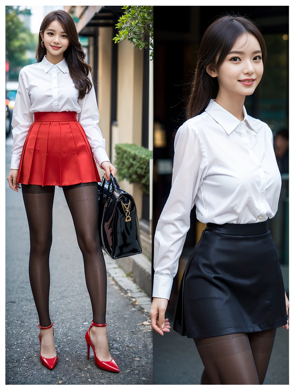 Biologically correct limb count))、(( Full body, including face))、4K、masterpiece、((Focus on the face))、((Symmetric, Well-proportioned facial features))、Delicate descriptive eyes、(((1 person)))、Beautiful woman、Excellent style、Well-proportioned body、、((Red Army Uniform、shirt、Check skirt,(High heels with anklets,Glossy Pantyhose)))、(((Coastal)))、(Smile and smile）、(Side close-up photo of lower body）、High Angle、Photo with white border、night、Walking posture、