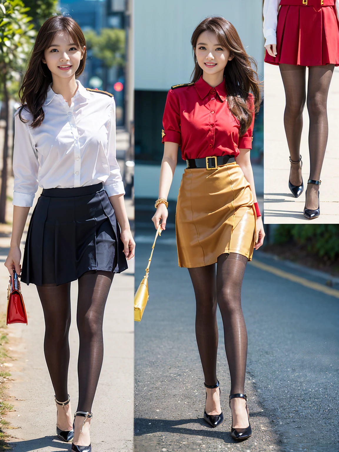 Biologically correct limb count))、(( Full body, including face))、4K、masterpiece、((Focus on the face))、((Symmetric, Well-proportioned facial features))、Delicate descriptive eyes、(((1 person)))、Beautiful woman、Excellent style、Well-proportioned body、、((Red Army Uniform、shirt、Check skirt,(High heels with anklets,Glossy Pantyhose)))、(((Coastal)))、(Smile and smile）、(Side close-up photo of lower body）、High Angle、Photo with white border、night、Walking posture、