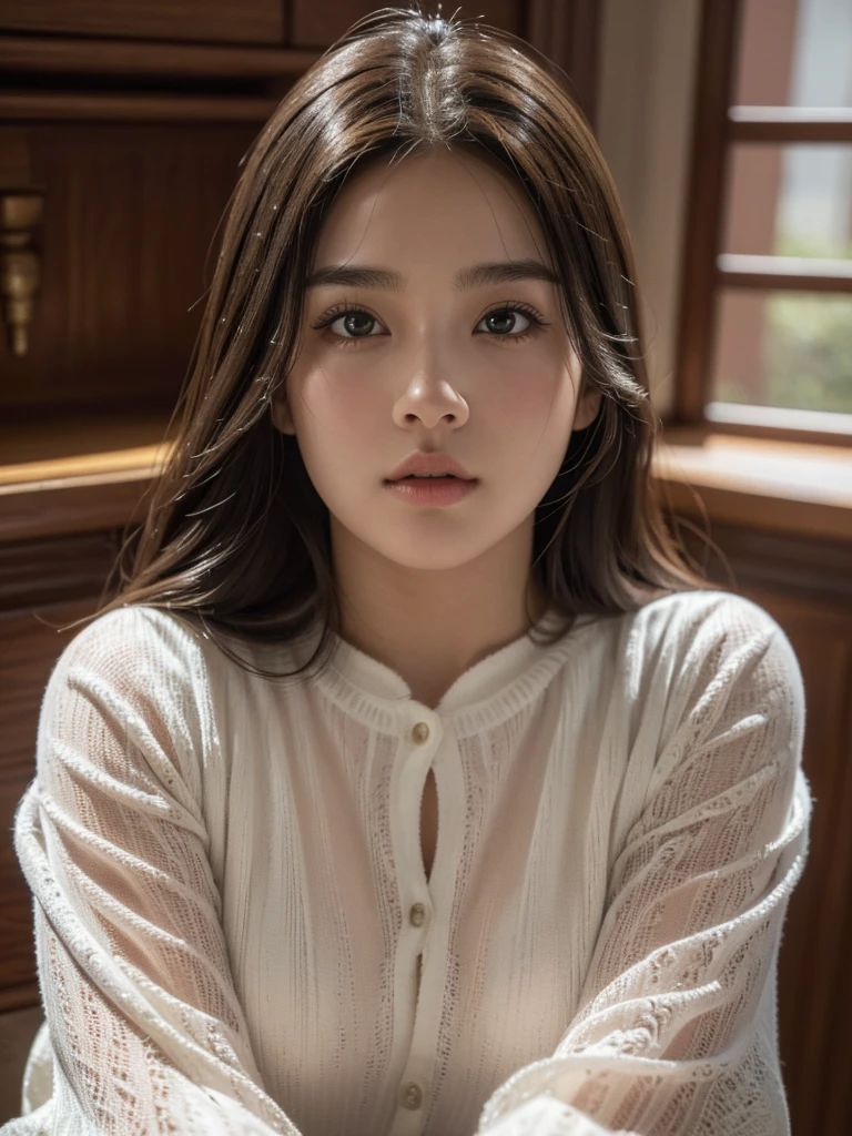 masterpiece, best picture quality, high quality, beautiful girl, Japanese, Japanese school girl, popular Korean makeup, detailed, swollen eyes, detailed eyes, detailed skin, beautiful skin, ultra high resolution, (reality: 1.4), very beautiful, slightly younger face, beautiful skin, slender, (ultra realistic), (illustration), (high resolution), (8K), (highly detailed), (best illustration), (beautifully detailed eyes), (super detailed), (wallpaper), (detailed face), looking at viewer, fine details, detailed face, pureerosfaceace_v1, smiling, looking straight ahead, looking straight ahead, angle from waist up, realistic photo, bright lighting, professional lighting, blonde, long hair, dark ruins, long stylish bangs, standing, full body frame, (small breast: 0.5)