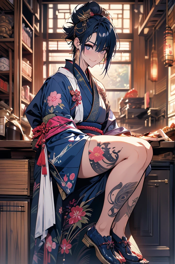 (full body)1 man, very tall, muscular, navy blue hair in a mohawk, pink eyes, several Japanese tattoos, (Clothes: navy blue kimono, big earrings), in a medieval Japanese kitchen, slutty smile, rape face, eyes shining in excitement, the night, cooking
