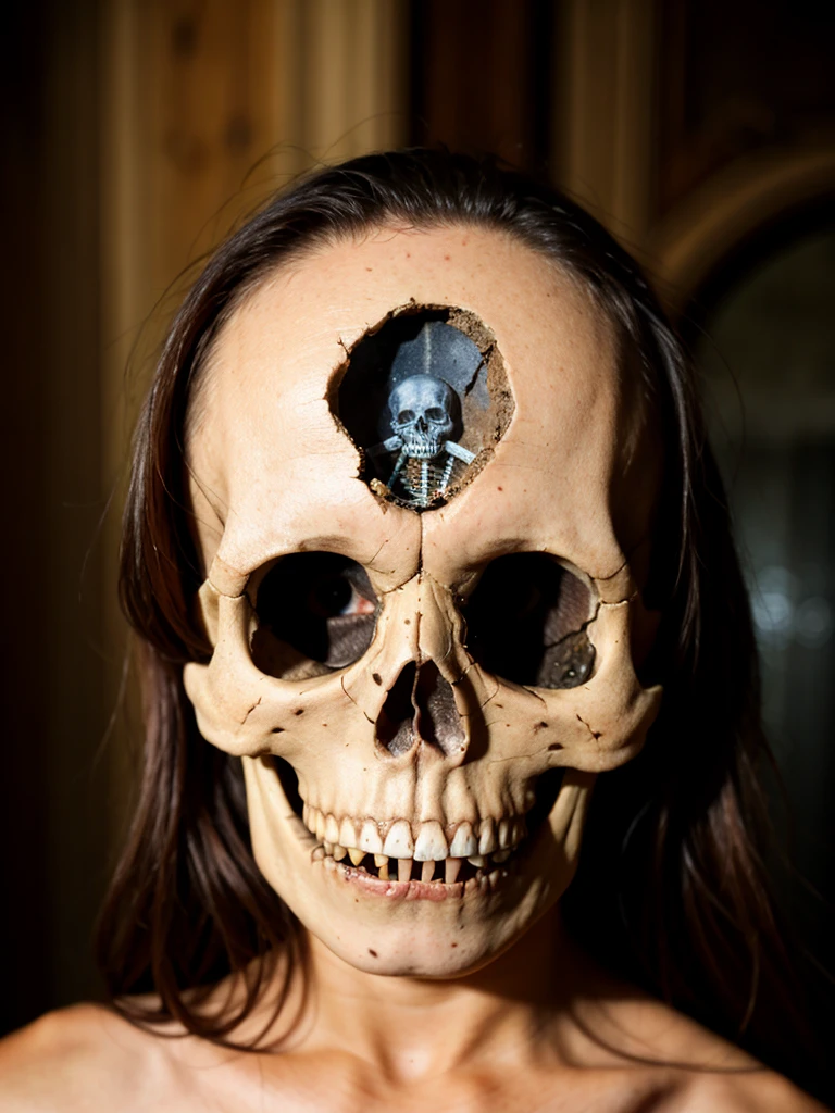 gothic photo, human skull, skeleton, with a hole in the forehead