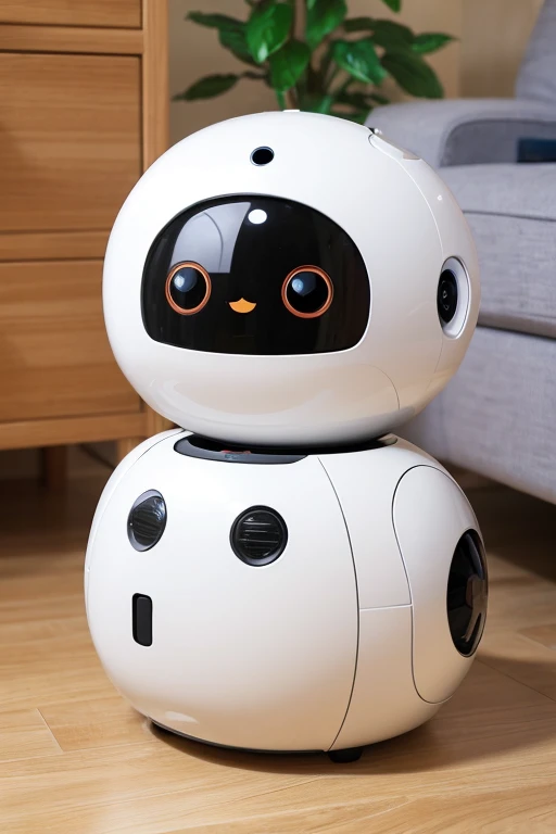 A cute, round-shaped, small household robot. He has a  and big, round eyes. He sits on the floor of the living room, tilting his head and looking at me.