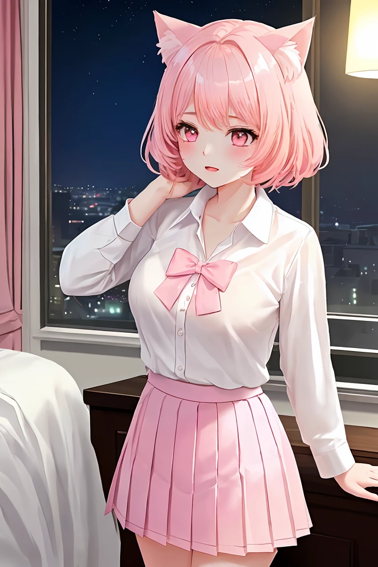 score_9,score_8_up,score_7_up,masterpiece, top quality, best quality, official art, beautiful and aesthetic, animation, , 1girl with cat ear, perfect figure, pink hair, complicated details, bedroom, night, (white shirt, pink pleated skirt:1.5), cat ear girl, rubbing arms ,