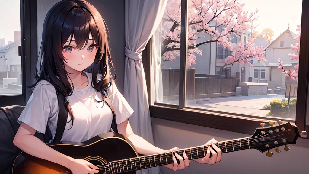 A 15-year-old girl playing the guitar。Eyes facing the window。In a very dark room、The light from behind gives a fantastic glow。In the background is a large window and a budgerigar