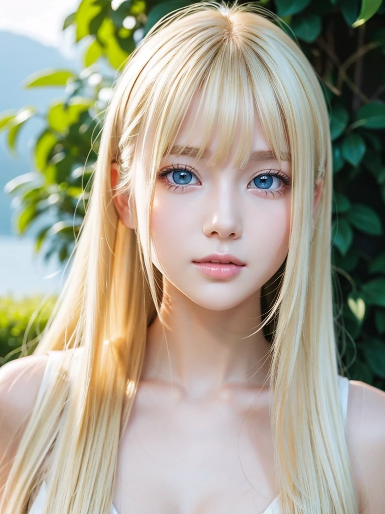 Beautiful glowing white skin、Blonde hair changes color depending on how the light hits it...、Long golden bangs obstruct the view、Cheek gloss highlighter、Gloss Face、Sexy and very beautiful, Nice, cute, Gorgeous face、The most beautiful face in the world、The most beautiful super long blonde hair in the world、Shiny and smooth long straight hair、Glowing pale light blue eyes, Big eyes、lighting equipment、Beautiful pony、Beautiful 15 year old Swedish girl、Young characteristics、Small Face Beauty、Round face