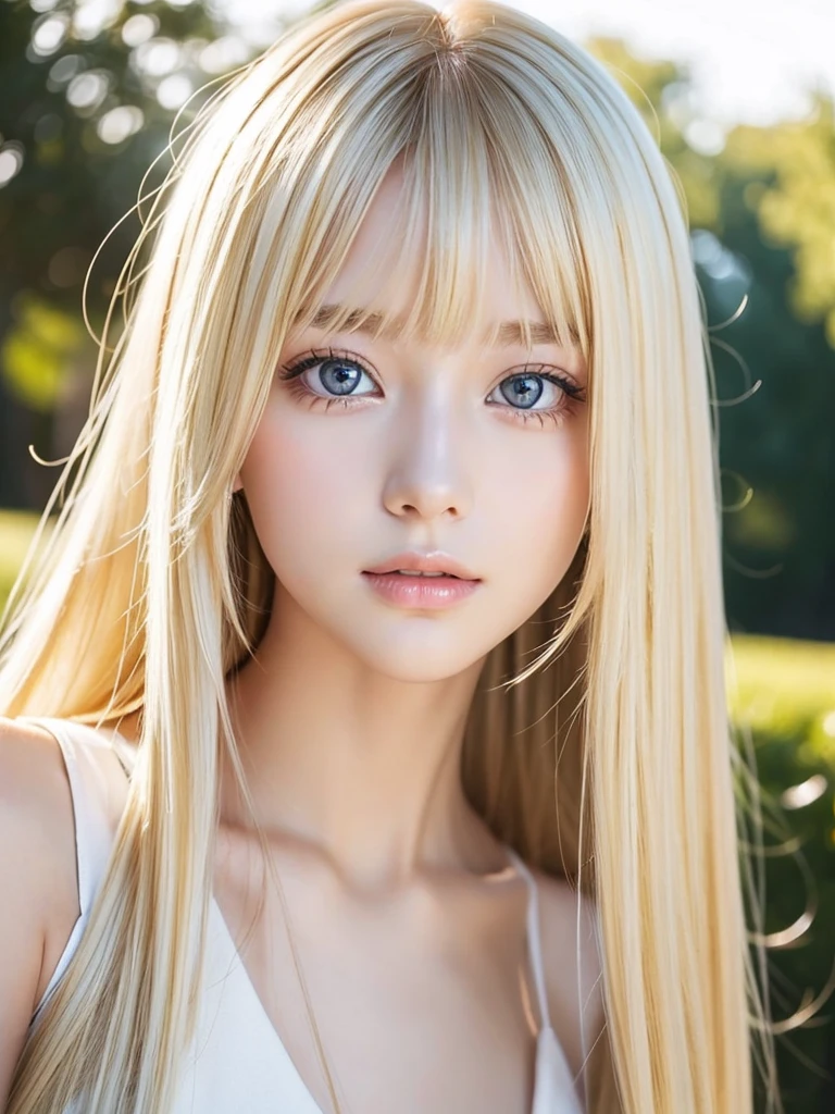 Beautiful glowing white skin、Blonde hair changes color depending on how the light hits it...、Long golden bangs obstruct the view、Cheek gloss highlighter、Gloss Face、Sexy and very beautiful, Nice, cute, Gorgeous face、The most beautiful face in the world、The most beautiful super long blonde hair in the world、Shiny and smooth long straight hair、Glowing pale light blue eyes, Big eyes、lighting equipment、Beautiful pony、Beautiful 15 year old Swedish girl、Young characteristics、Small Face Beauty、Round face
