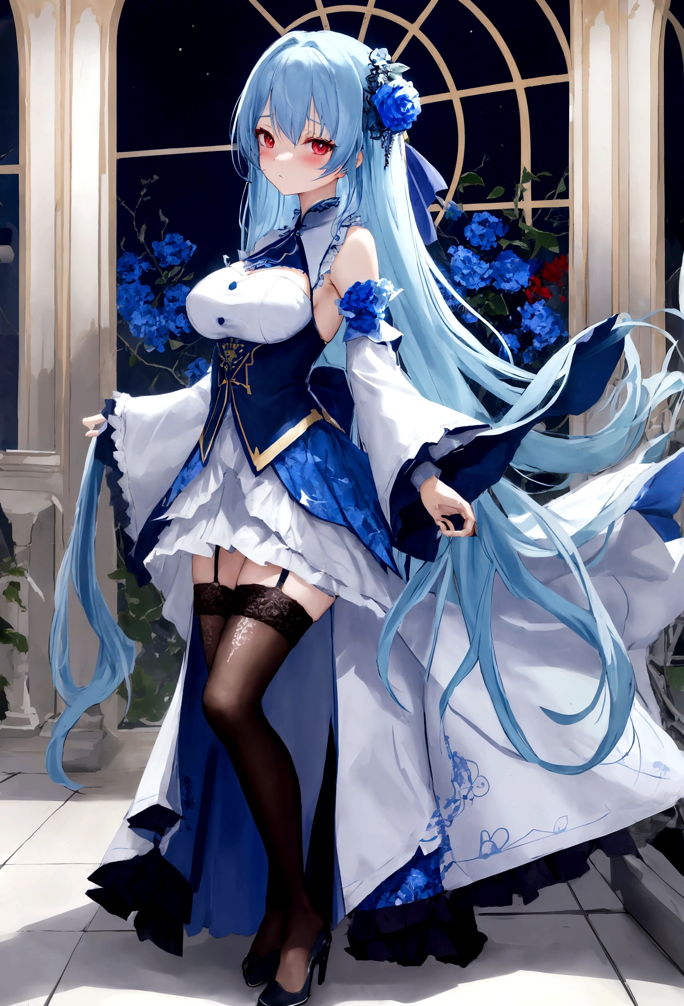 Sky blue hair, very long hair, red eyes, big breasts, solo, blush, erotic expression, adult coloring, chiffon dress, blue flower pattern, stockings, peeling sleeves, wide sleeves, standing pose (View below)