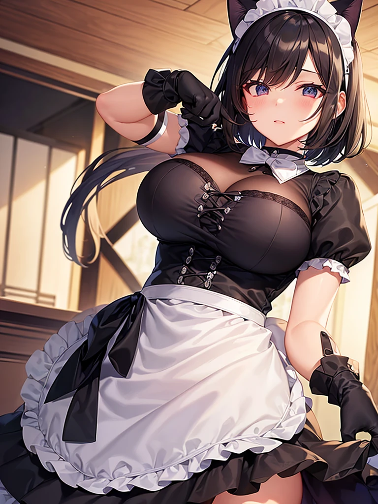 woman,Bob Hair,Large Breasts,Maid clothes,Short sleeve,I can see the valley.Cute black gloves,Cat ears headband,Wear tights,Dark brown hair,Large Breasts,maid Cafe
