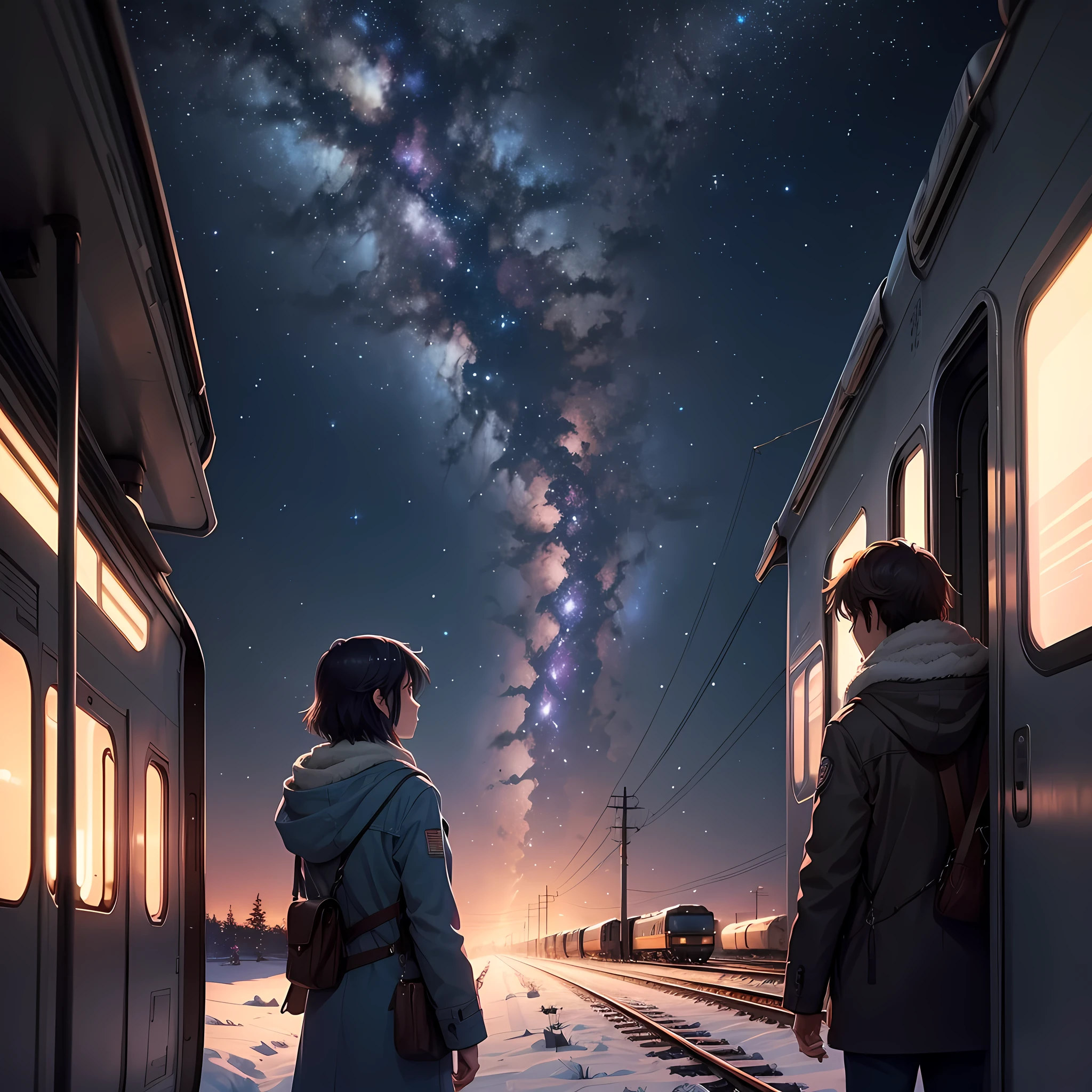 In a tranquil winter night, under the ethereal glow of a cosmic sky, a train glides gracefully along snow-covered tracks. The scene unfolds with Makoto Shinkai's signature magic realism, where the train itself seems alive with a quiet, mysterious energy. The landscape is painted in shades of deep blues and purples, reminiscent of a galaxy painted across the heavens. There are no humans in sight, only the silent companionship between the train and the vast, starlit sky. This evokes the essence of Makoto Shinkai's renowned anime backgrounds, capturing a moment of serene beauty and cosmic wonder.