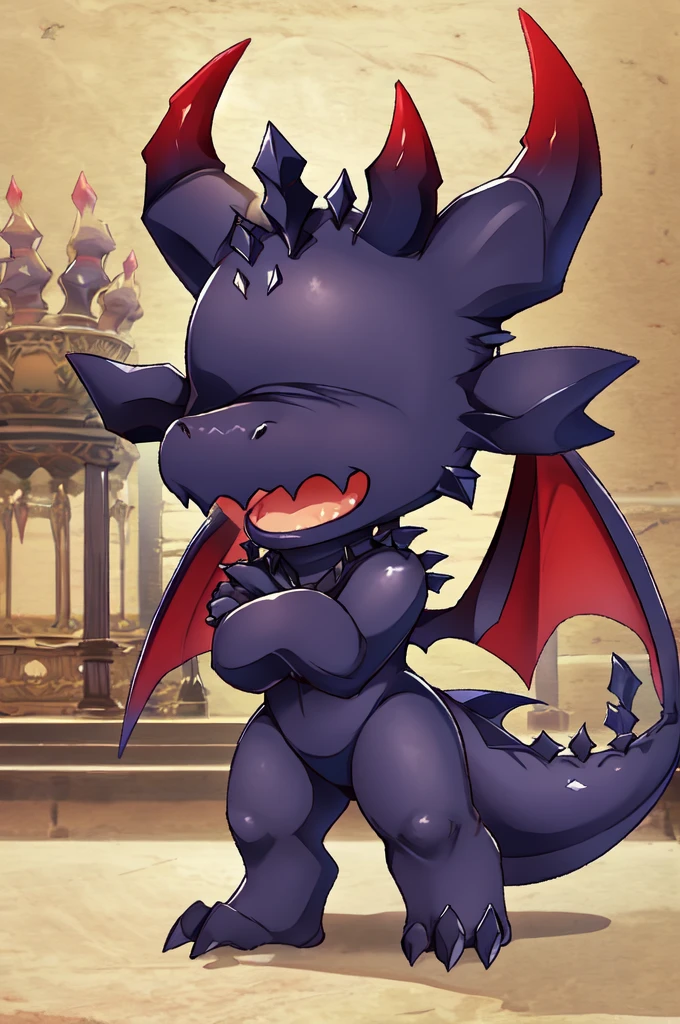 (best quality, masterpiece, hires), ((chibi), Ally, eyeless), horns, dragon, tail, wings, fangs, black body, scalie, black scales,