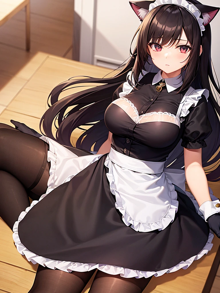 woman,Bob Hair,Large Breasts,Maid clothes,Short sleeve,I can see the valley.Cute black gloves,Cat ears headband,Wear tights,Dark brown hair,Large Breasts,maid Cafe