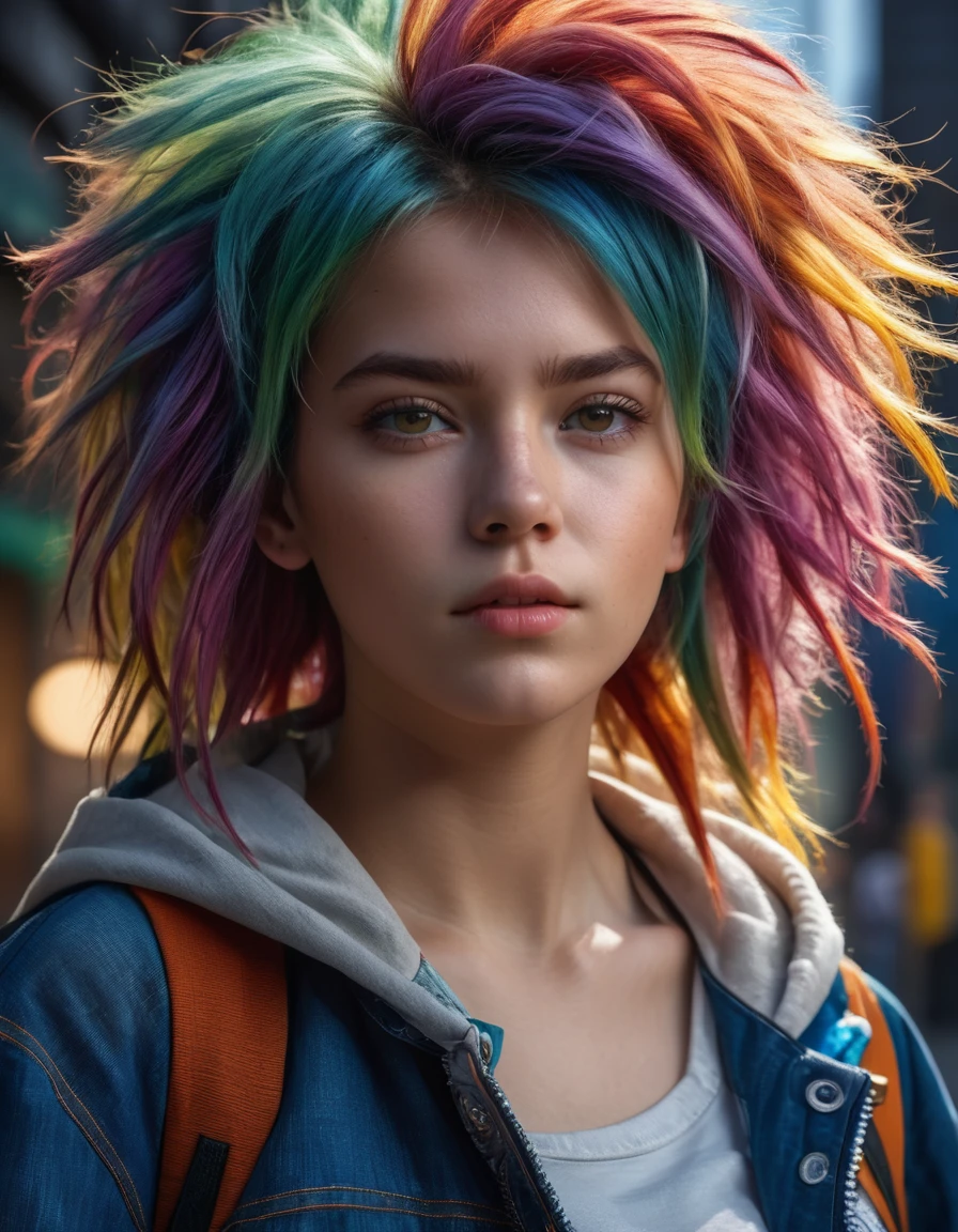(work of art:1.1), (mais high qualiy:1.1), (hdr:1.0), girl with really wild hair, mon, Multicolored hair lighting, (facing the front:0.6)
, detailded, realisitic, 8k hd, high qualiy