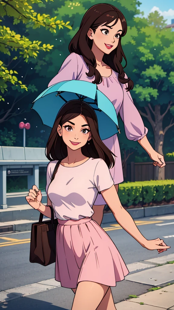 Woman. dark hair. eyes browns, social dress, walking in a park. smirk on face, a bag with magazines, libero, light pink lipstick, happy looking, blue dress blouse, brown medium skirt, umbrella in hand.