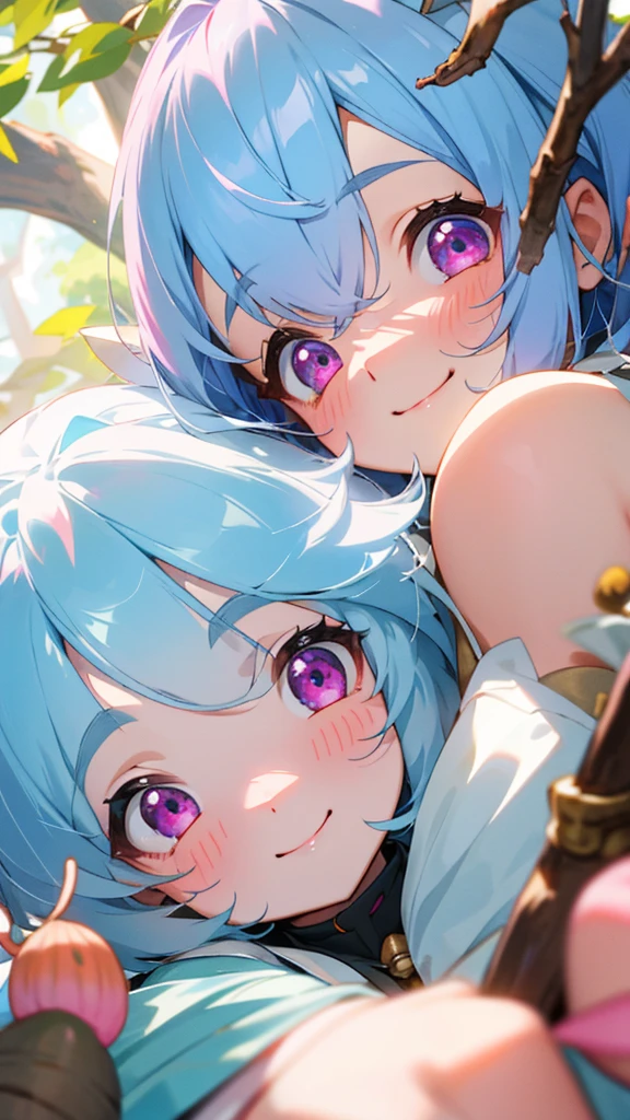 1 Girl、、Light blue hair、Pink Eyes、smile、Upper body close-up、Acorns in both nostrils