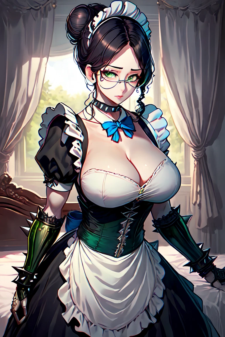 highres, sharp focus, pixiv masterpiece, ((intricate details)), highly detailed, upper body, , yuri alpha, 1girl, black hair, (blue bowtie:1.3), (green wristband, green gauntlets, spikes:1.1), glasses, maid, single hair bun, dress, choker, maid apron, outdoors, grey eyes, , room, bed, cleavage,