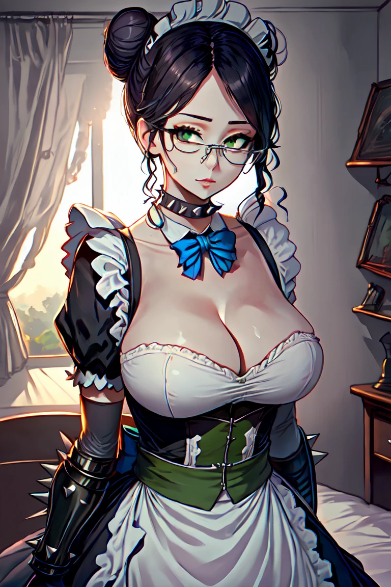 highres, sharp focus, pixiv masterpiece, ((intricate details)), highly detailed, upper body, , yuri alpha, 1girl, black hair, (blue bowtie:1.3), (green wristband, green gauntlets, spikes:1.1), glasses, maid, single hair bun, dress, choker, maid apron, outdoors, grey eyes, big breasts, room, bed, cleavage,